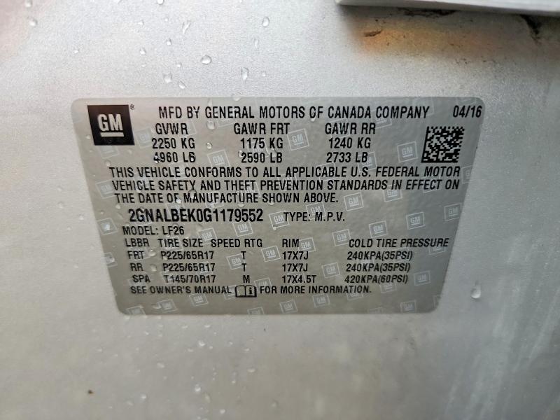 66609256 :رقم المزاد ، 2GNALBEK0G1179552 vin ، 2016 Chevrolet Equinox مزاد بيع