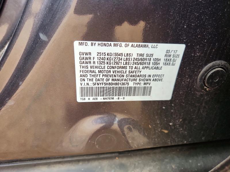 Продаж на аукціоні авто 2017 Honda Pilot, vin: 5FNYF5H80HB013675, номер лоту: 69546286