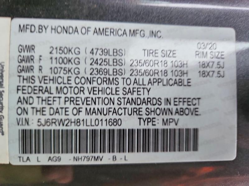 69561226 :رقم المزاد ، 5J6RW2H81LL011680 vin ، 2020 Honda Cr-v مزاد بيع