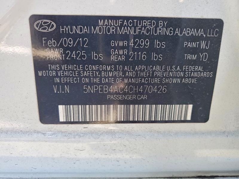 2012 Hyundai Sonata მანქანა იყიდება აუქციონზე, vin: 5NPEB4AC4CH470426, აუქციონის ნომერი: 67220096
