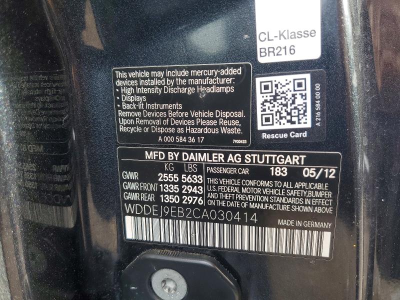 Aukcja sprzedaży 2012 Mercedes-benz Cl, vin: WDDEJ9EB2CA030414, numer aukcji: 71026246