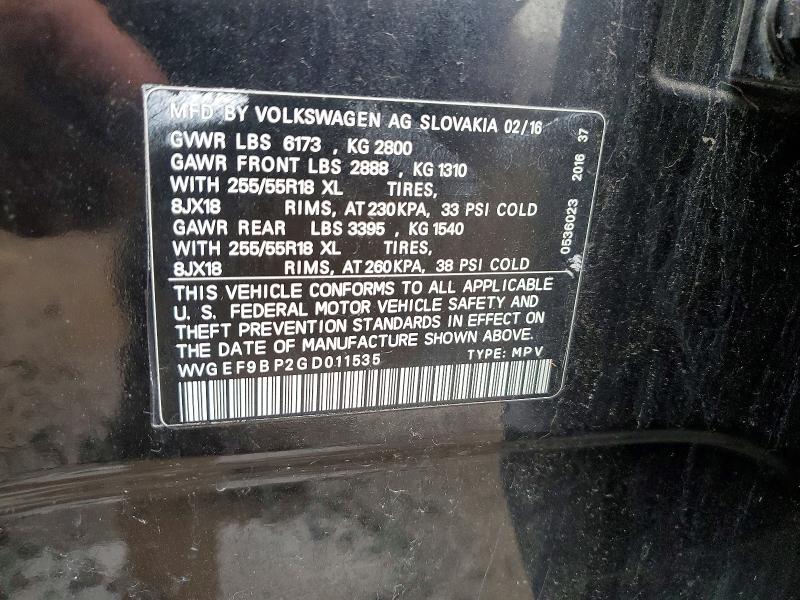 2016 Volkswagen Touareg მანქანა იყიდება აუქციონზე, vin: WVGEF9BP2GD011535, აუქციონის ნომერი: 68023216
