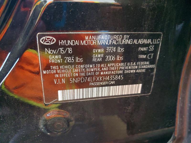 64971596 :رقم المزاد ، 5NPD74LFXKH435845 vin ، 2019 Hyundai Elantra مزاد بيع