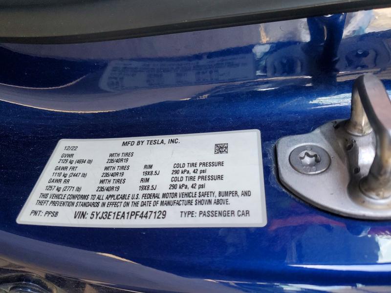 2023 Tesla Model 3 მანქანა იყიდება აუქციონზე, vin: 5YJ3E1EA1PF447129, აუქციონის ნომერი: 70507876