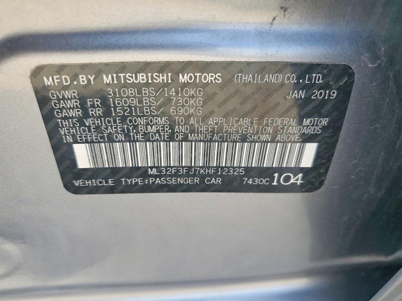 67444246 :رقم المزاد ، ML32F3FJ7KHF12325 vin ، 2019 Mitsubishi Mirage مزاد بيع