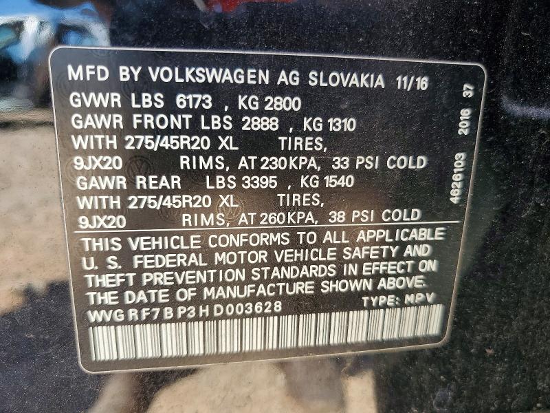 68939756 :رقم المزاد ، WVGRF7BP3HD003628 vin ، 2017 Volkswagen Touareg مزاد بيع