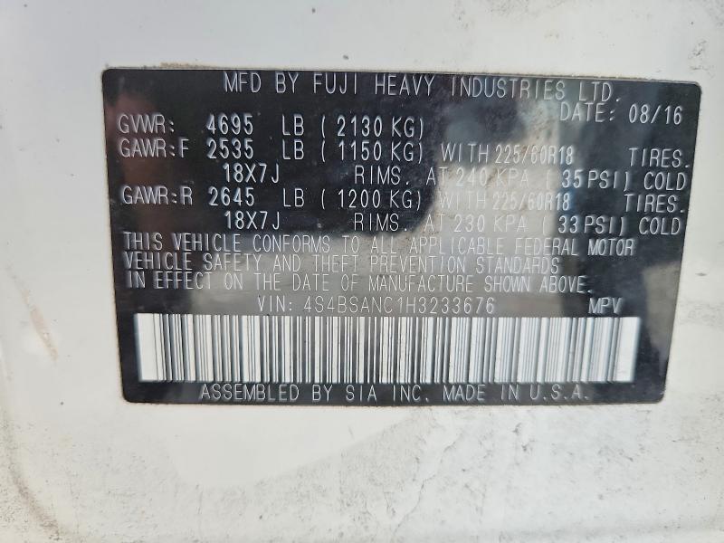 2017 Subaru Outback მანქანა იყიდება აუქციონზე, vin: 4S4BSANC1H3233676, აუქციონის ნომერი: 68641046