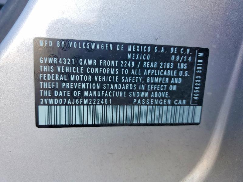 2015 Volkswagen Jetta მანქანა იყიდება აუქციონზე, vin: 3VWD07AJ6FM222451, აუქციონის ნომერი: 69032896