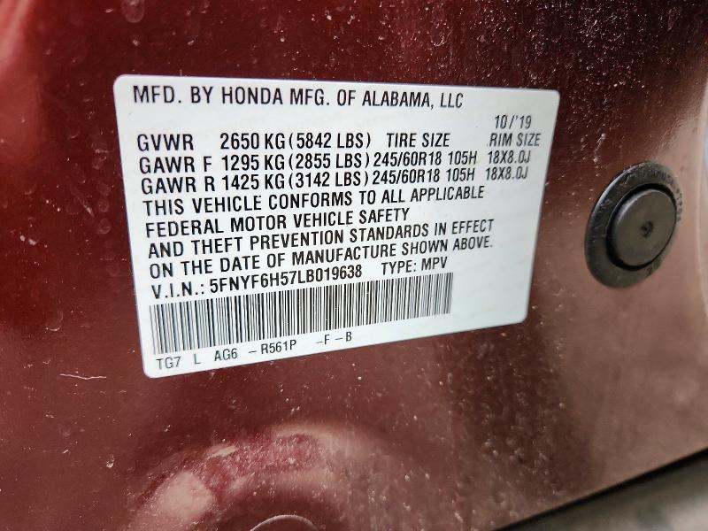 2020 Honda Pilot მანქანა იყიდება აუქციონზე, vin: 5FNYF6H57LB019638, აუქციონის ნომერი: 69443456