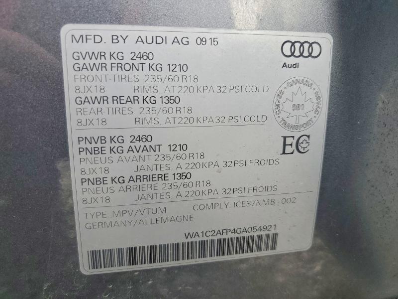 Продаж на аукціоні авто 2016 Audi Q5, vin: WA1C2AFP4GA054921, номер лоту: 68654496