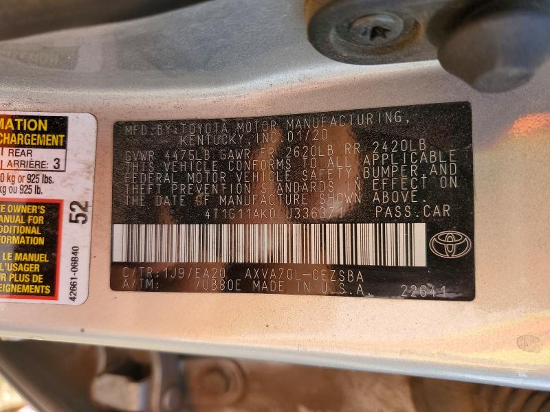 67502346 :رقم المزاد ، 4T1G11AK0LU336371 vin ، 2020 Toyota Camry مزاد بيع