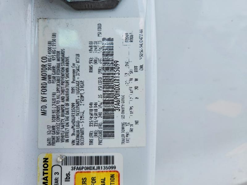 67294756 :رقم المزاد ، 3FA6P0HDXJR135099 vin ، 2018 Ford Fusion مزاد بيع