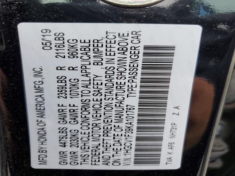 67332226 :رقم المزاد ، 1HGCV1F39KA101767 vin ، 2019 Honda Accord مزاد بيع
