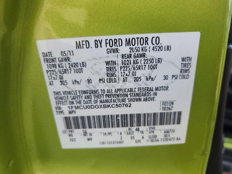 67671846 :رقم المزاد ، 1FMCU0DGXBKC50762 vin ، 2011 Ford Escape مزاد بيع