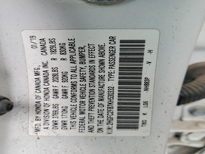 Продажа на аукционе авто 2019 Honda Civic, vin: 2HGFC2F87KH530332, номер лота: 67404406