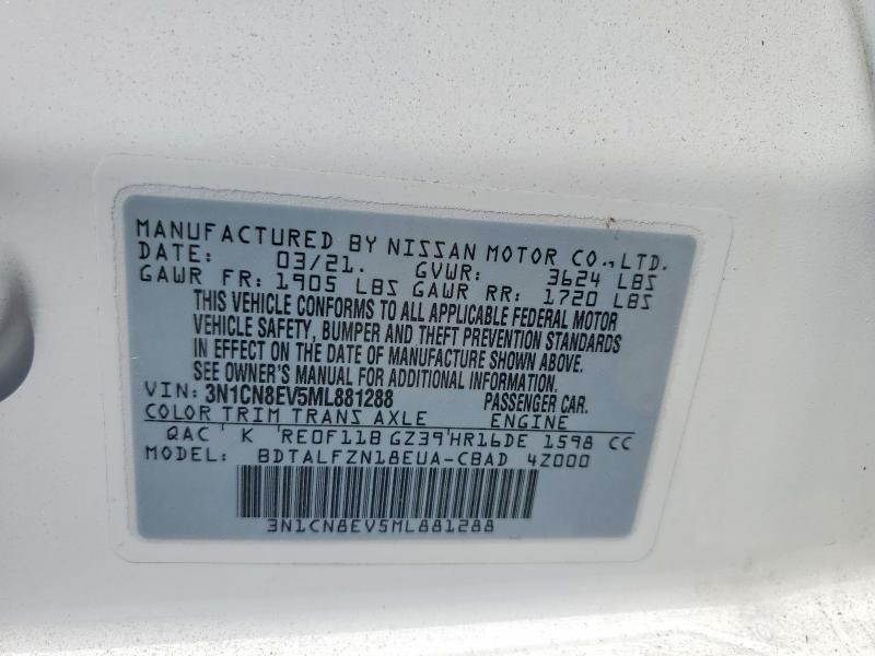 2021 Nissan Versa მანქანა იყიდება აუქციონზე, vin: 3N1CN8EV5ML881288, აუქციონის ნომერი: 69947216