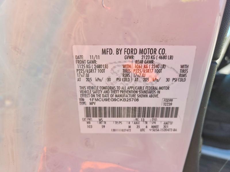 2012 Ford Escape მანქანა იყიდება აუქციონზე, vin: 1FMCU9EG9CKB25708, აუქციონის ნომერი: 67754386
