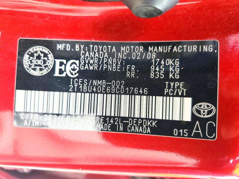 68040606 :رقم المزاد ، 2T1BU40E69C017646 vin ، 2009 Toyota Corolla مزاد بيع