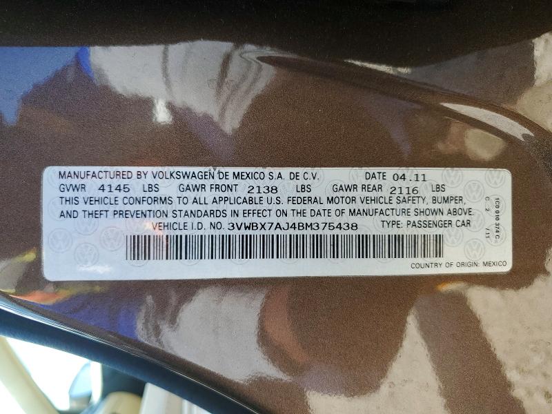 2011 Volkswagen Jetta მანქანა იყიდება აუქციონზე, vin: 3VWBX7AJ4BM375438, აუქციონის ნომერი: 67332166