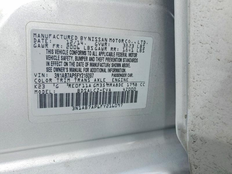 2015 Nissan Sentra მანქანა იყიდება აუქციონზე, vin: 3N1AB7AP6FY216097, აუქციონის ნომერი: 65956466
