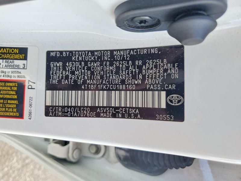 69375756 :رقم المزاد ، 4T1BF1FK7CU188160 vin ، 2012 Toyota Camry مزاد بيع