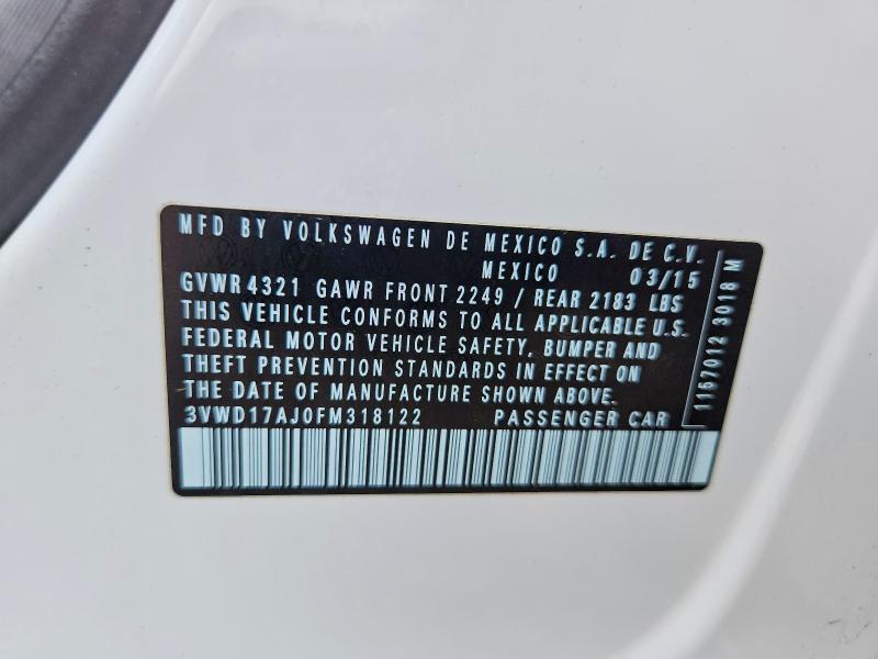 2015 Volkswagen Jetta მანქანა იყიდება აუქციონზე, vin: 3VWD17AJ0FM318122, აუქციონის ნომერი: 68216426