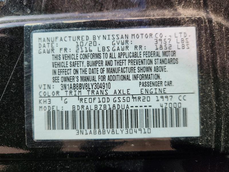 2020 Nissan Sentra მანქანა იყიდება აუქციონზე, vin: 3N1AB8BV8LY304910, აუქციონის ნომერი: 67815926