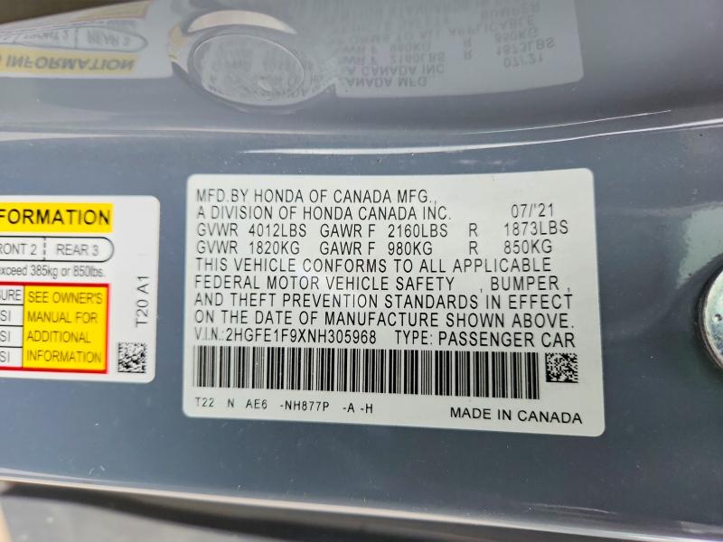 Продаж на аукціоні авто 2022 Honda Civic, vin: 2HGFE1F9XNH305968, номер лоту: 68581766