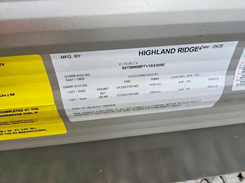 Продаж на аукціоні авто 2027 Highland Ridge Open Range, vin: 58TBM0BP7V16X3050, номер лоту: 69208346