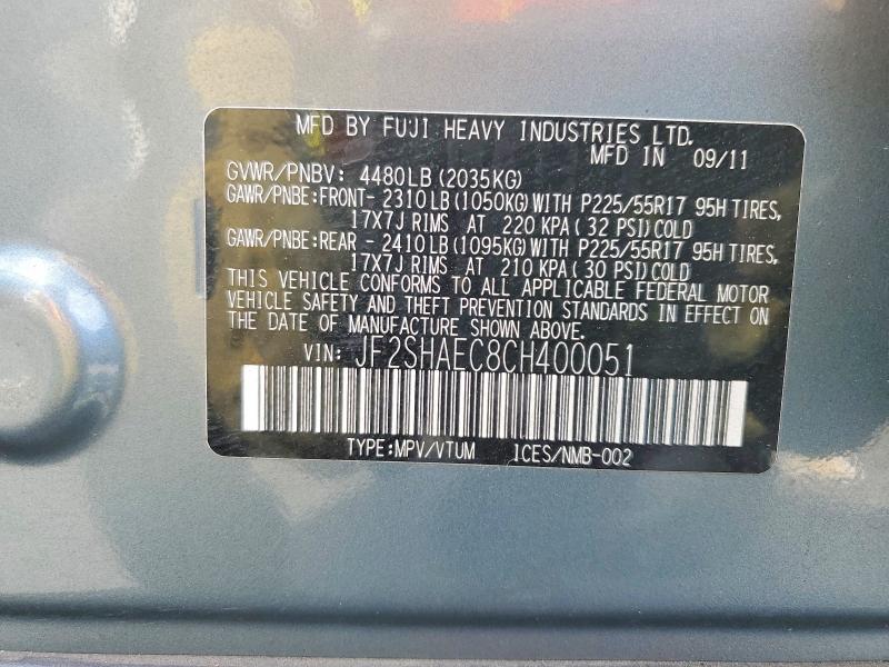 Продаж на аукціоні авто 2012 Subaru Forester, vin: JF2SHAEC8CH400051, номер лоту: 70118786