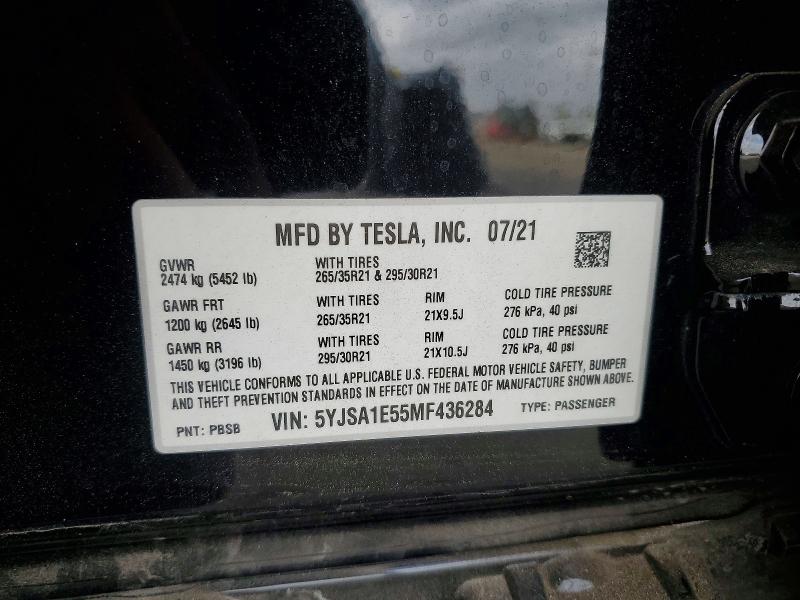 69187886 :رقم المزاد ، 5YJSA1E55MF436284 vin ، 2021 Tesla Model S مزاد بيع