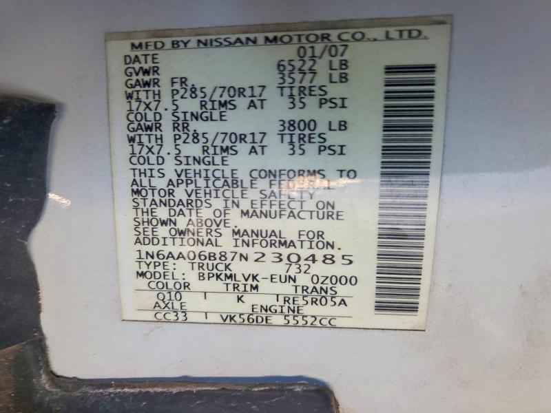 Aukcja sprzedaży 2007 Nissan Titan, vin: 1N6AA06B87N230485, numer aukcji: 67627726