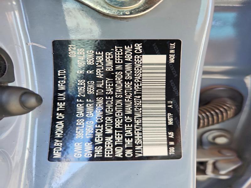 Aukcja sprzedaży 2021 Honda Civic, vin: SHHFK7H67MU219274, numer aukcji: 70040646