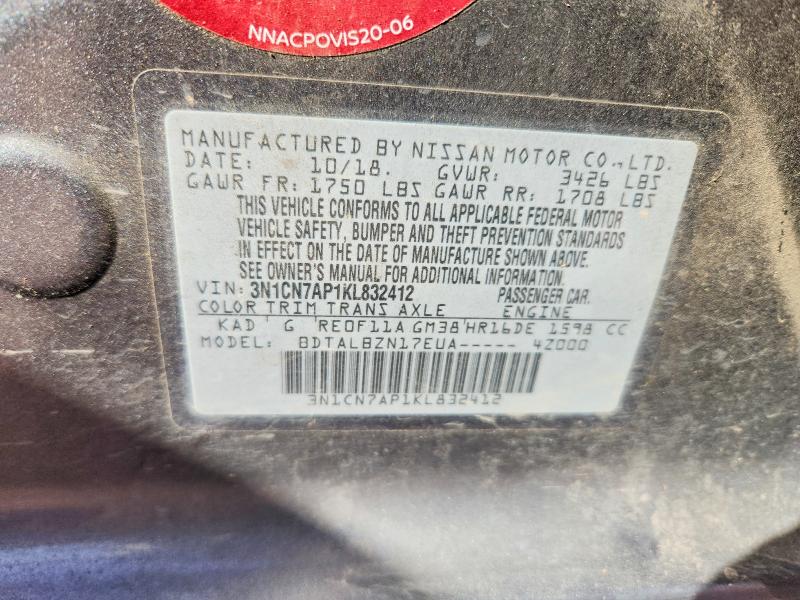 Продажа на аукционе авто 2019 Nissan Versa, vin: 3N1CN7AP1KL832412, номер лота: 68781036
