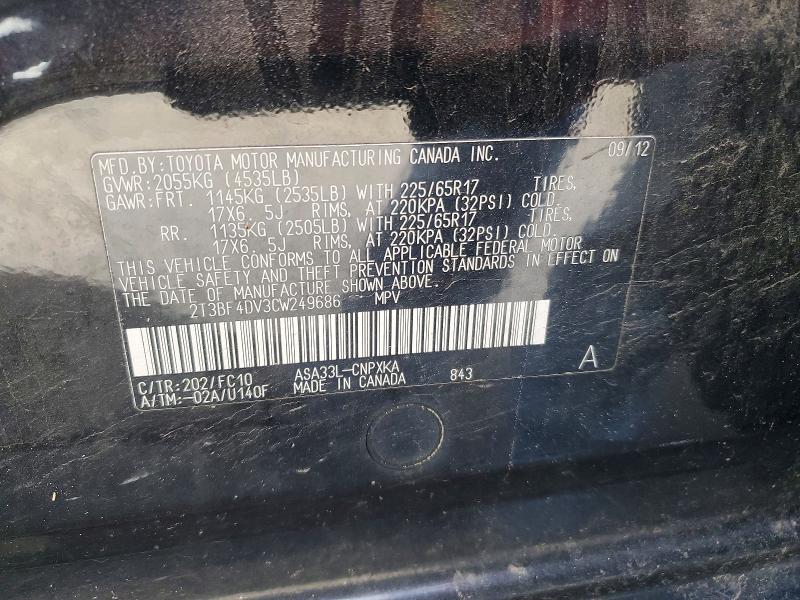 Продаж на аукціоні авто 2012 Toyota Rav4, vin: 2T3BF4DV3CW249686, номер лоту: 68979936