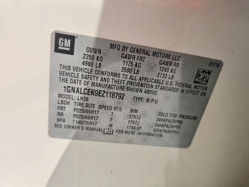 Продажа на аукционе авто 2014 Chevrolet Equinox, vin: 1GNALCEK9EZ118792, номер лота: 70955136