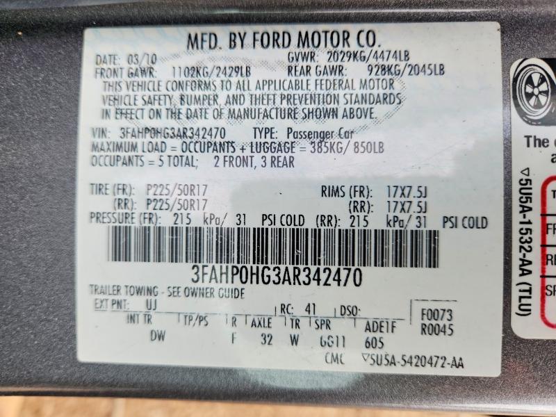 Продаж на аукціоні авто 2010 Ford Fusion, vin: 3FAHP0HG3AR342470, номер лоту: 69126716