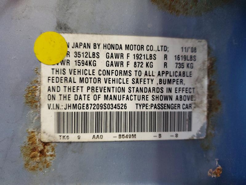 Продаж на аукціоні авто 2009 Honda Fit, vin: JHMGE87209S034526, номер лоту: 69106366