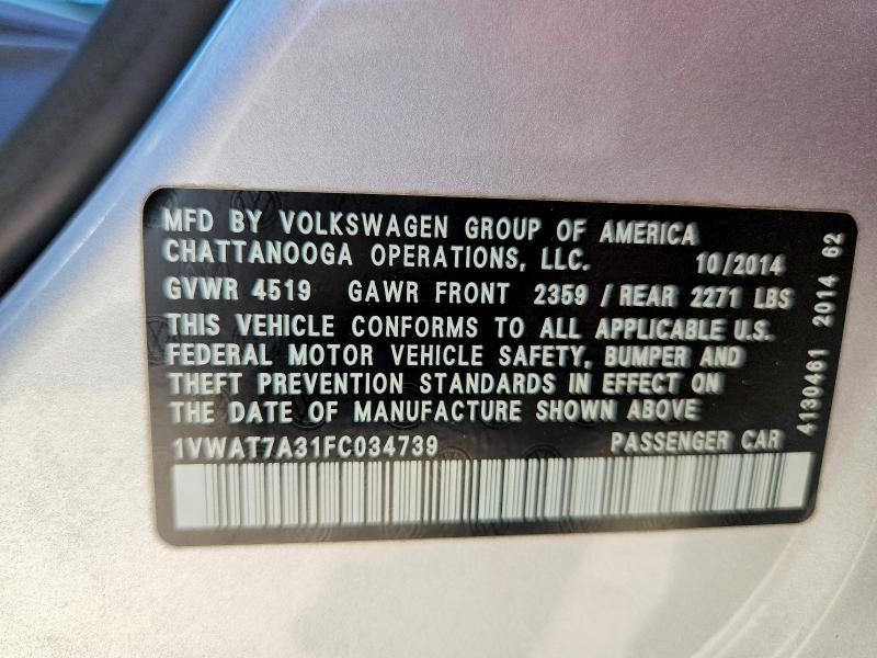 70541346 :رقم المزاد ، 1VWAT7A31FC034739 vin ، 2015 Volkswagen Passat مزاد بيع