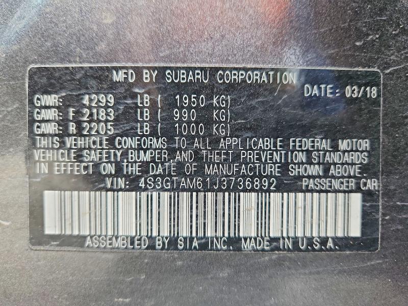 68657696 :رقم المزاد ، 4S3GTAM61J3736892 vin ، 2018 Subaru Impreza مزاد بيع