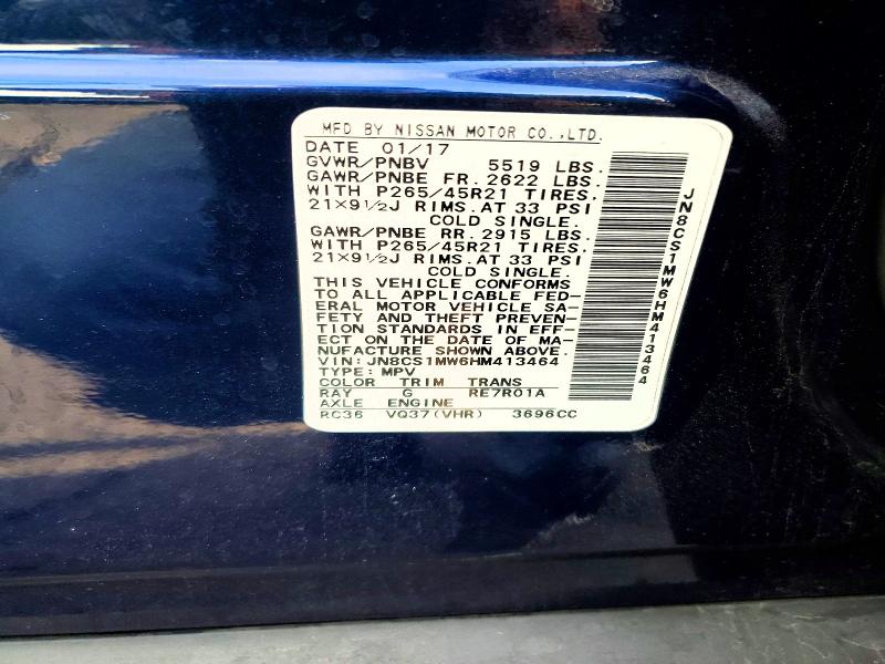 70494246 :رقم المزاد ، JN8CS1MW6HM413464 vin ، 2017 Infiniti Qx70 مزاد بيع