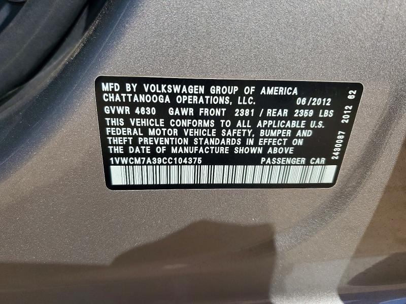 69626566 :رقم المزاد ، 1VWCM7A39CC104375 vin ، 2012 Volkswagen Passat مزاد بيع