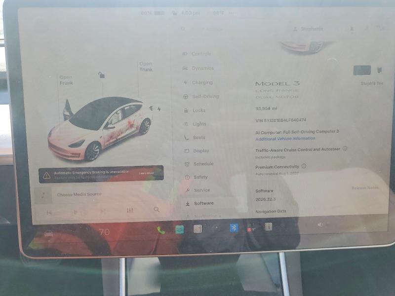 2020 Tesla Model 3 მანქანა იყიდება აუქციონზე, vin: 5YJ3E1EB4LF640474, აუქციონის ნომერი: 70467506