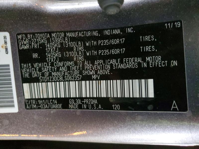 70560776 :رقم المزاد ، 5TDYZ3DC8LS062357 vin ، 2020 Toyota Sienna مزاد بيع