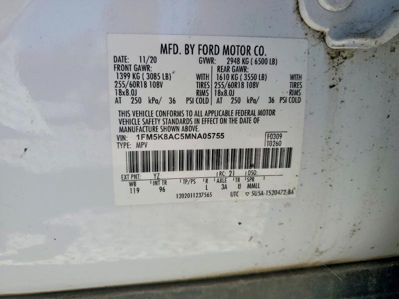 68197136 :رقم المزاد ، 1FM5K8AC5MNA05755 vin ، 2021 Ford Explorer مزاد بيع