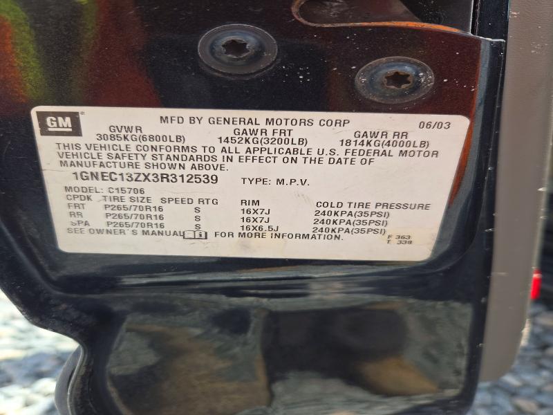 2003 Chevrolet Tahoe მანქანა იყიდება აუქციონზე, vin: 1GNEC13ZX3R312539, აუქციონის ნომერი: 70300956