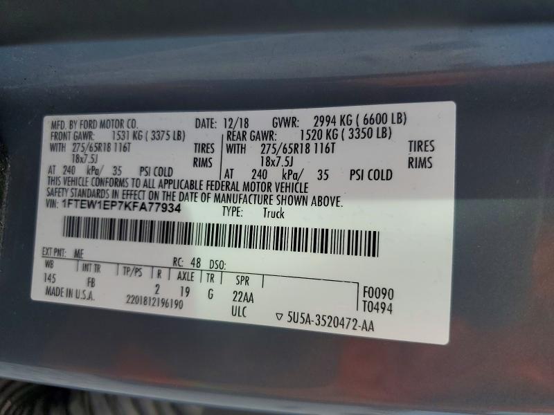 Aukcja sprzedaży 2019 Ford F150, vin: 1FTEW1EP7KFA77934, numer aukcji: 70009706