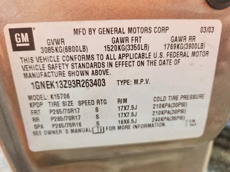 2003 Chevrolet Tahoe მანქანა იყიდება აუქციონზე, vin: 1GNEK13Z93R263403, აუქციონის ნომერი: 69224816