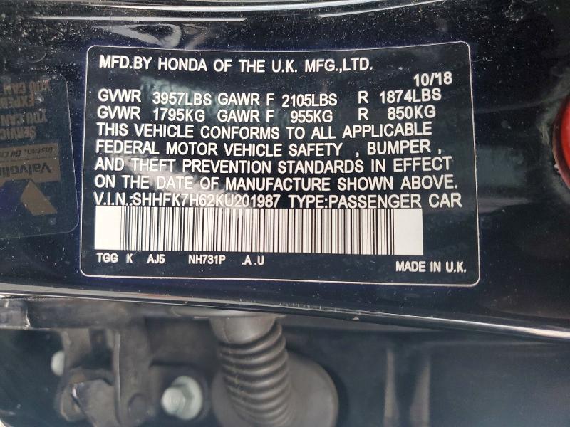 69148256 :رقم المزاد ، SHHFK7H62KU201987 vin ، 2019 Honda Civic مزاد بيع