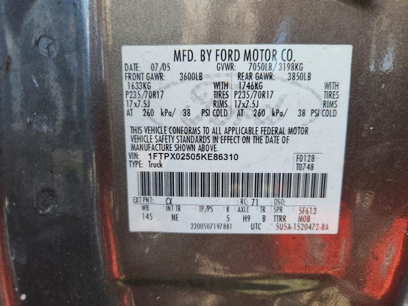2005 Ford F150 მანქანა იყიდება აუქციონზე, vin: 1FTPX02505KE86310, აუქციონის ნომერი: 69014096